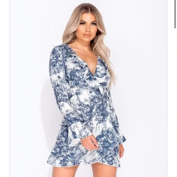Blue and White Abstract Mini Long Sleeve Frill Wrap Dress | Color: Blue/White | Size: 2 | Ebalida's Closet